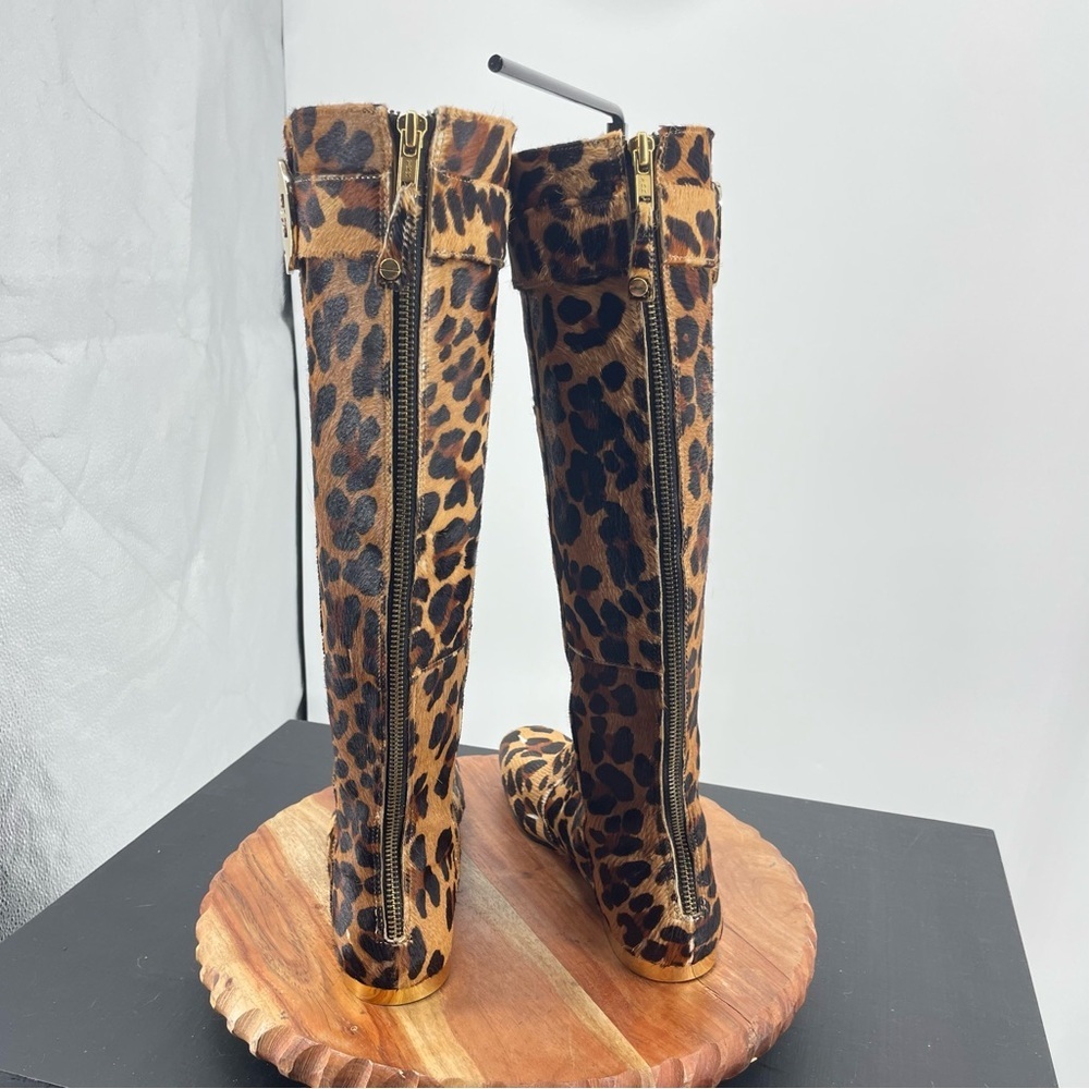 Tory Burch Calf Hair Uma Leopard Knee High Boots WOMENS Sz 8.5‎ Gold Logo - Picture 6 of 12
